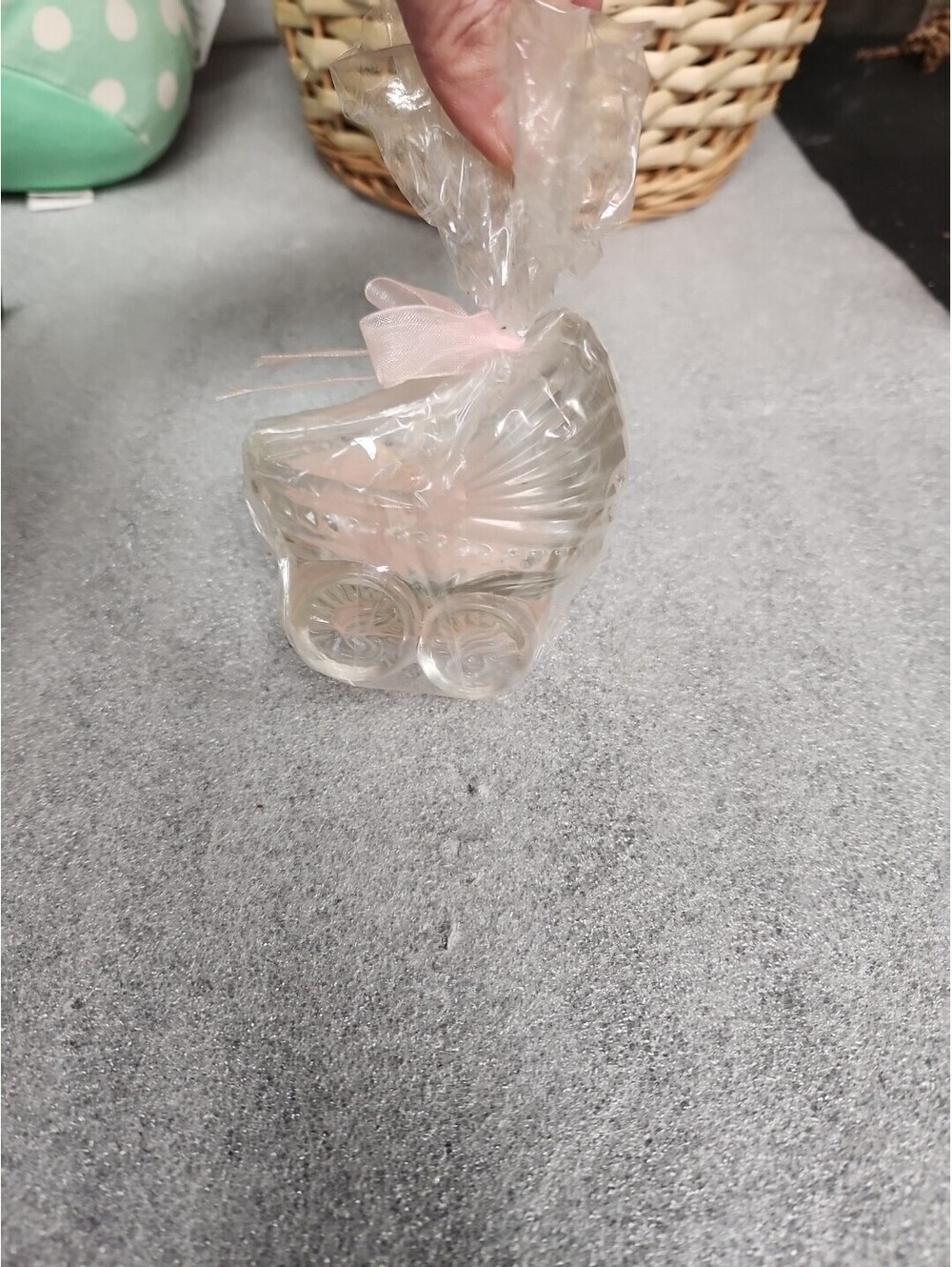 Vintage Glass Baby Cradle Candle Holder With Pink Candle And Bowl